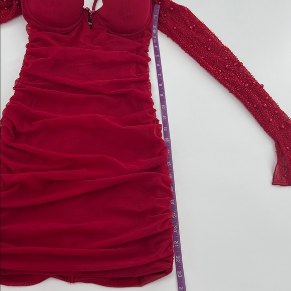 Princess Polly St. Germaine Red Bodycon Dress beaded sheer sleeve - Picture 5 of 8